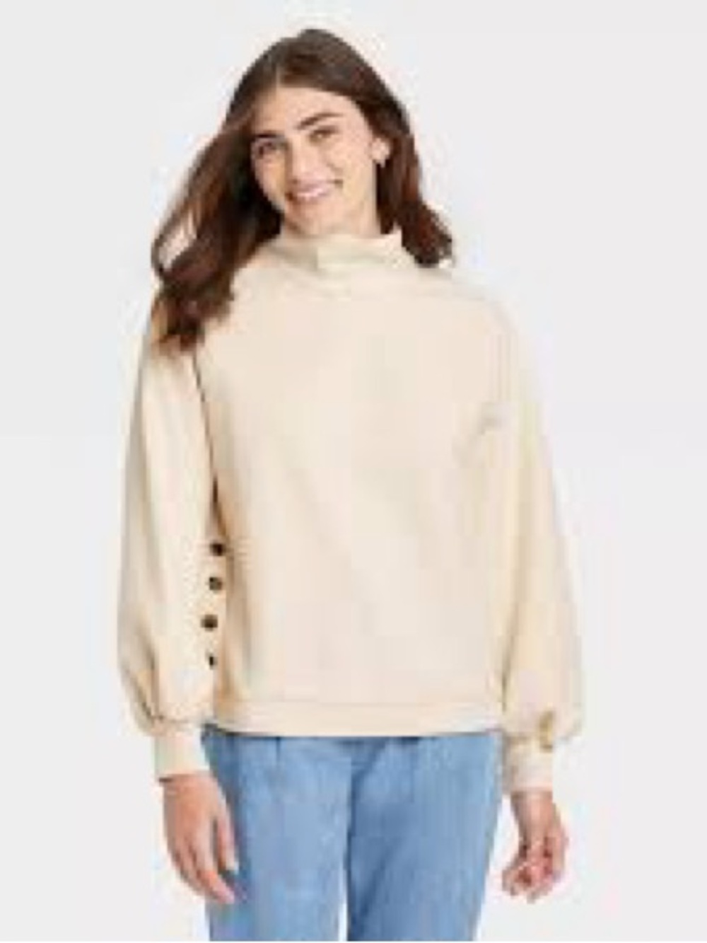 WHO WHAT WEAR Cream Mock Neck Button sides Women's Sweater med